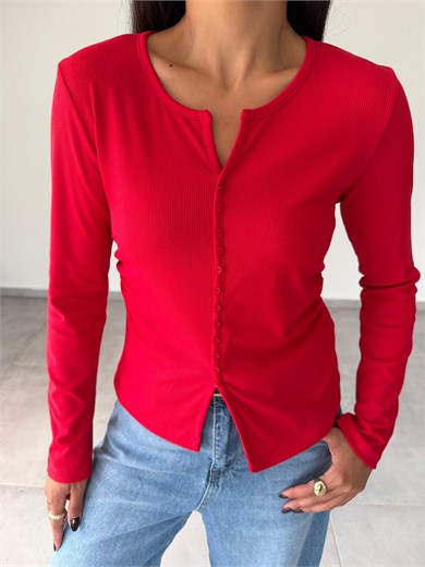 Kırmızı Kaşkorse V Yaka Önü Düğmeli Body