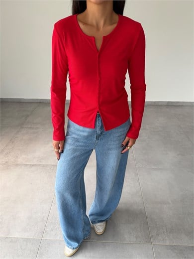 Kırmızı Kaşkorse V Yaka Önü Düğmeli Body