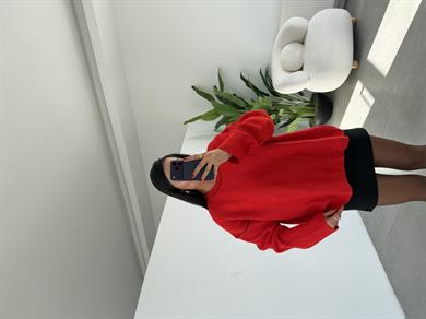 Kırmızı Kontrast Dikiş Detaylı Kazak