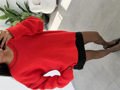 Kırmızı Kontrast Dikiş Detaylı Kazak