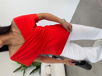 Kırmızı Kruvaze Yaka Bluz