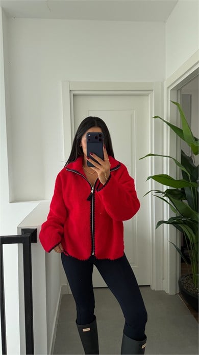 Kırmızı Lacivert Çoban Dikiş Polar Sweat