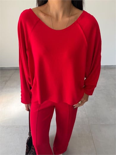 Kırmızı Modal Geniş Yaka Bluz Pantolon Takım