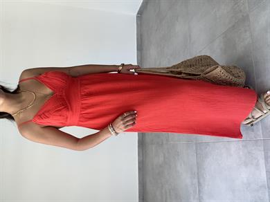 Kırmızı Müslin Askılı Sırt Açık Elbise