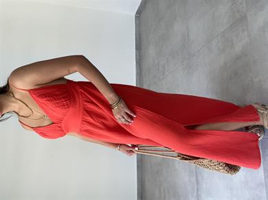 Kırmızı Müslin Askılı Sırt Açık Elbise