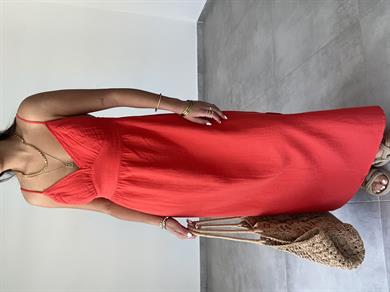 Kırmızı Müslin Askılı Sırt Açık Elbise