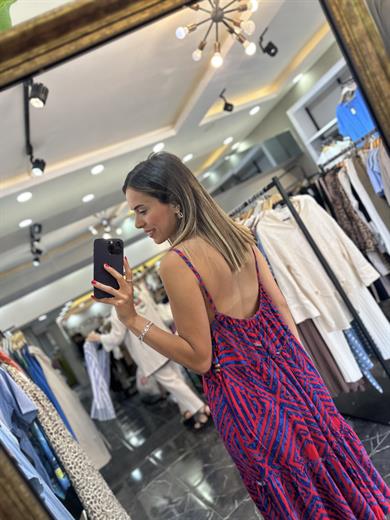 Kırmızı-Sax Askılı Yani İpli Elbise