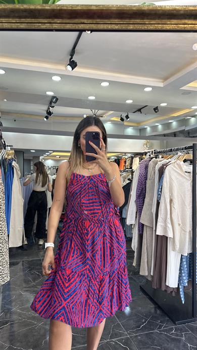 Kırmızı-Sax Askılı Yani İpli Elbise