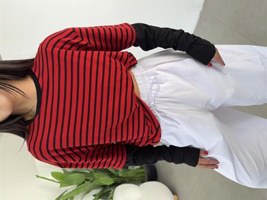 Kırmızı-Siyah Çizgili Çift Kollu Tişört