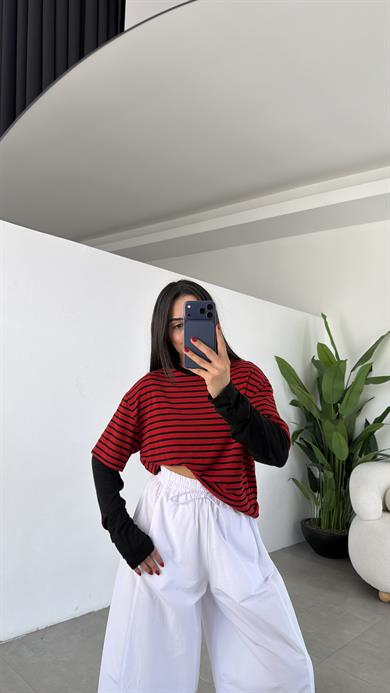 Kırmızı-Siyah Çizgili Çift Kollu Tişört