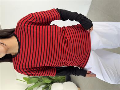 Kırmızı-Siyah Çizgili Çift Kollu Tişört