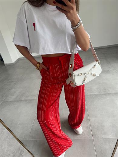 Kırmızı Taş İşlemeli Premium Palazzo