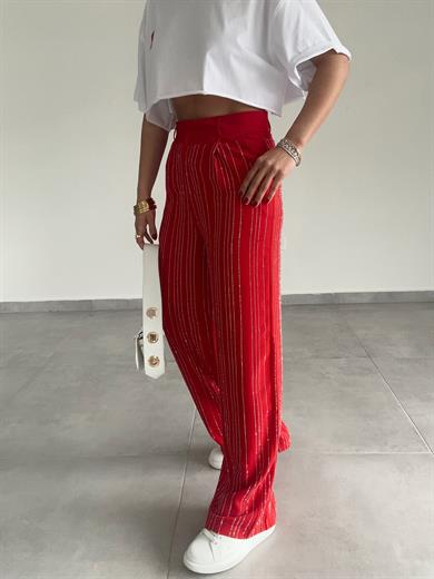 Kırmızı Taş İşlemeli Premium Palazzo