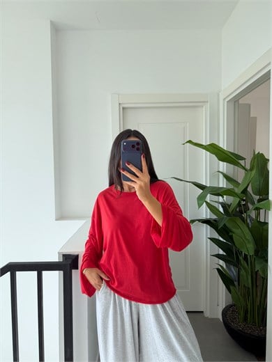 Kırmızı Transparan Uzun Kollu Basic Tshirt