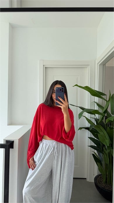 Kırmızı Transparan Uzun Kollu Basic Tshirt