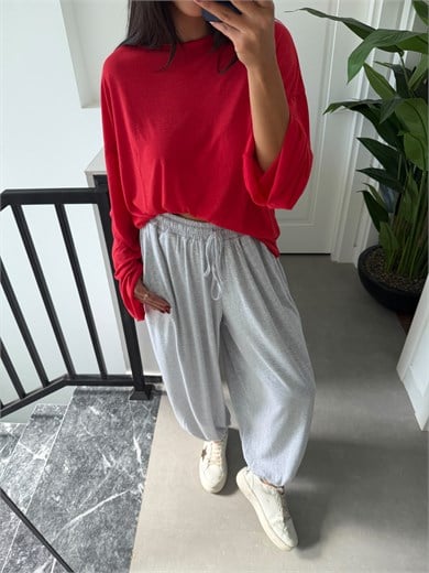Kırmızı Transparan Uzun Kollu Basic Tshirt