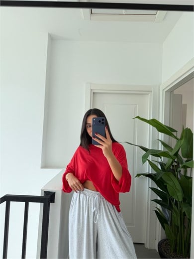 Kırmızı Transparan Uzun Kollu Basic Tshirt
