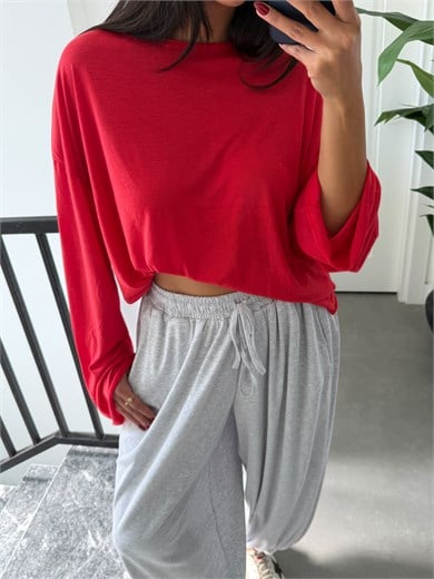 Kırmızı Transparan Uzun Kollu Basic Tshirt