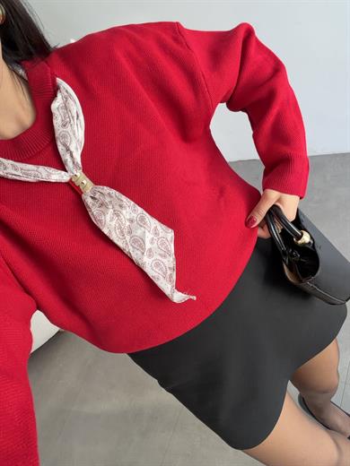 Kırmızı Uzun Kol Fülarlı Kazak