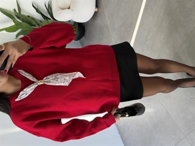 Kırmızı Uzun Kol Fülarlı Kazak