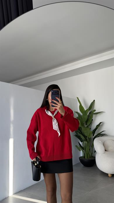 Kırmızı Uzun Kol Fülarlı Kazak