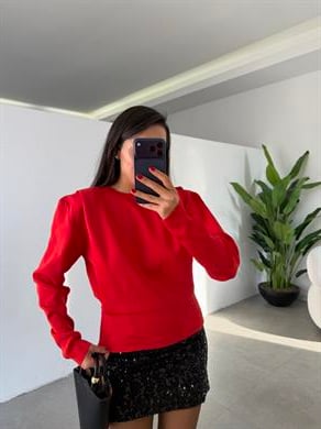 Kırmızı Vatkalı Triko Kazak