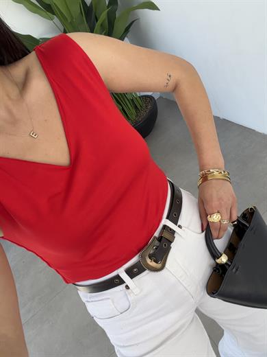 Kırmızı Viskon Ön Arka V Yaka Bluz