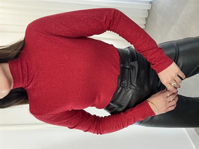 Kırmızı Yaım Balıkçı Simli Bluz