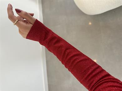 Kırmızı Yaım Balıkçı Simli Bluz