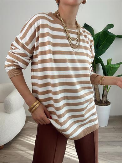 Koyu Bej Çizgili Salaş Triko Kazak