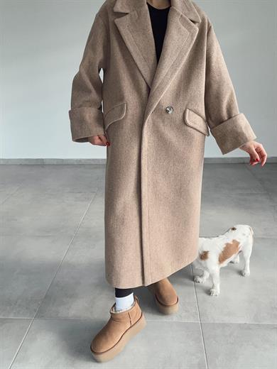 Koyu Bej Düğmeli Kruvaze Kaşe Kaban