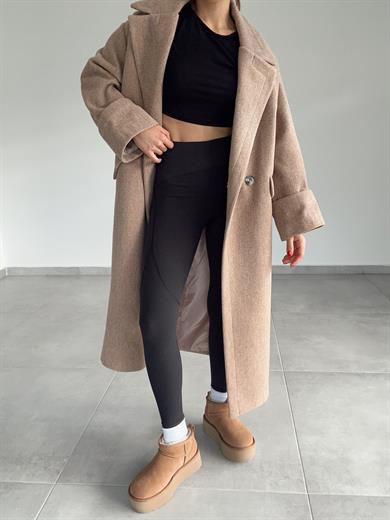 Koyu Bej Düğmeli Kruvaze Kaşe Kaban