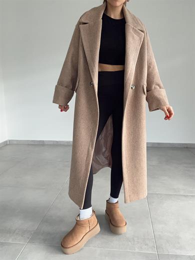 Koyu Bej Düğmeli Kruvaze Kaşe Kaban