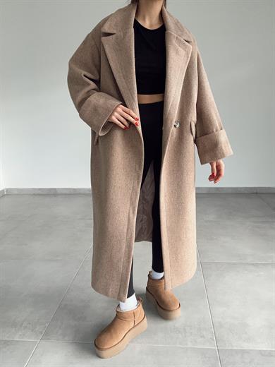 Koyu Bej Düğmeli Kruvaze Kaşe Kaban