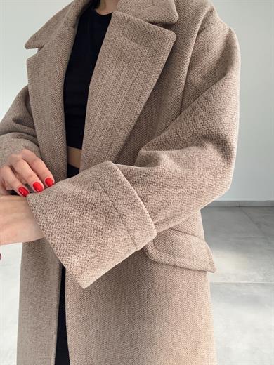 Koyu Bej Düğmeli Kruvaze Kaşe Kaban