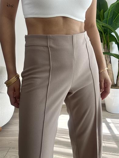 Koyu Bej Önden Dikiş Detaylı Kumaş Palazzo Pantolon