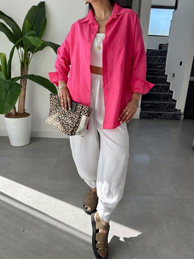 Fuşya Flamlı Keten Tek Cep Oversize Gömlek