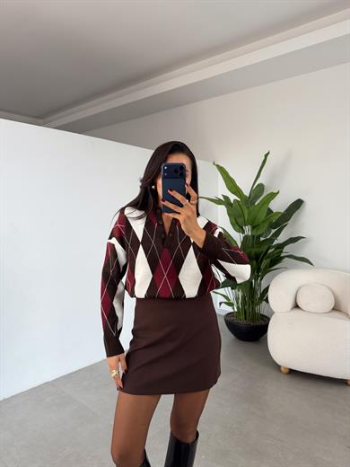 Koyu Kahve Baklava Desen Kazak