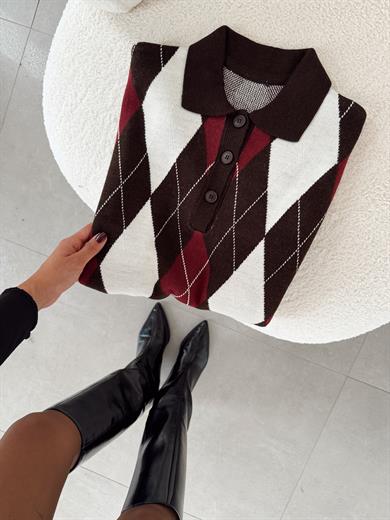 Koyu Kahve Baklava Desen Kazak