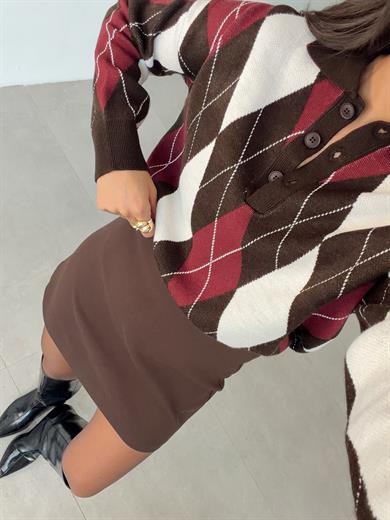 Koyu Kahve Baklava Desen Kazak