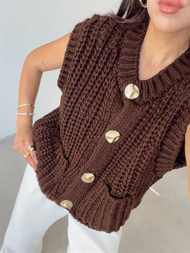Koyu Kahve Bisiklet Yaka Yumuşak Dokulu Cepli Triko Yelek