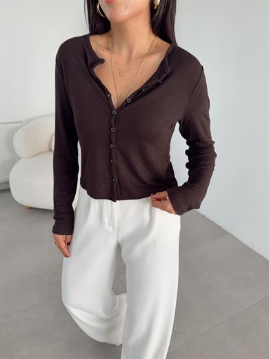 Koyu Kahve Düğme Detaylı Hırka