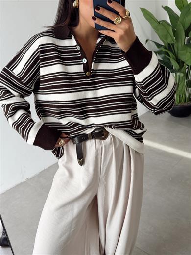 Koyu Kahve- Krem Polo Yaka Kazak