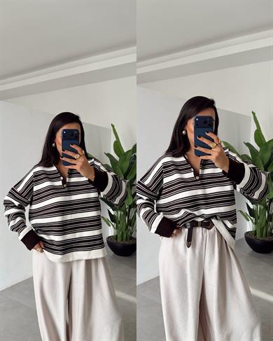 Koyu Kahve- Krem Polo Yaka Kazak