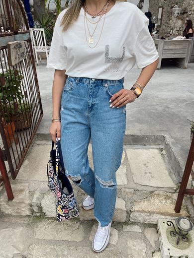 Koyu Mavi Dizi Yırtık Mom  Jean