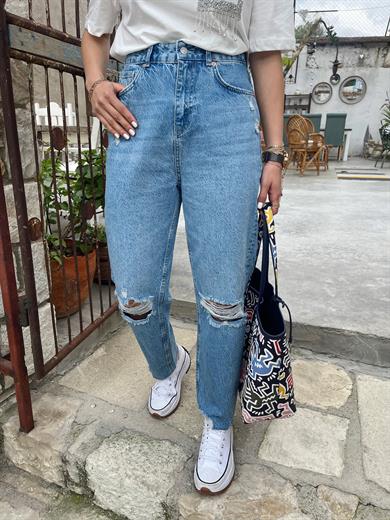 Koyu Mavi Dizi Yırtık Mom  Jean