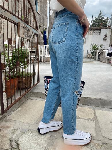 Koyu Mavi Dizi Yırtık Mom  Jean