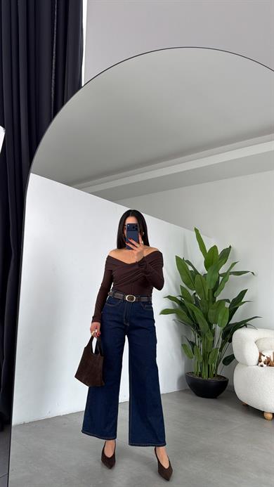 Koyu Mavi Wideleg Likralı Kemerli Pantolon