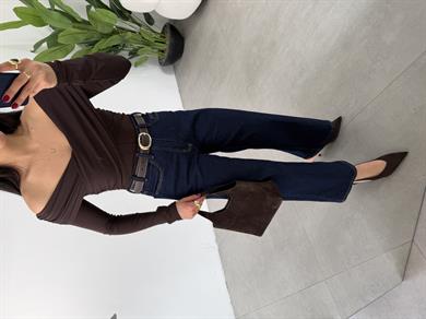 Koyu Mavi Wideleg Likralı Kemerli Pantolon