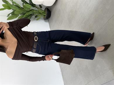 Koyu Mavi Wideleg Likralı Kemerli Pantolon